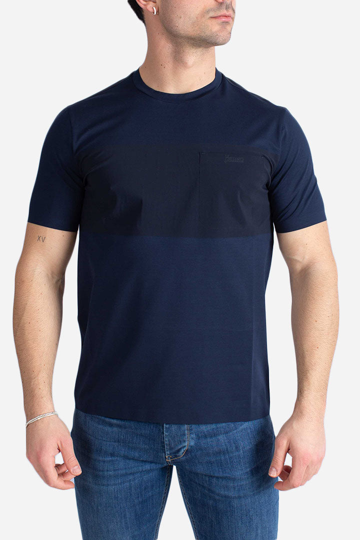 T-shirt girocollo in jersey di cotone e tessuto tecnico blu