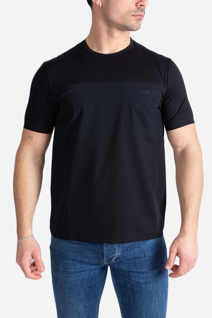 T-shirt girocollo in jersey di cotone e tessuto tecnico nero