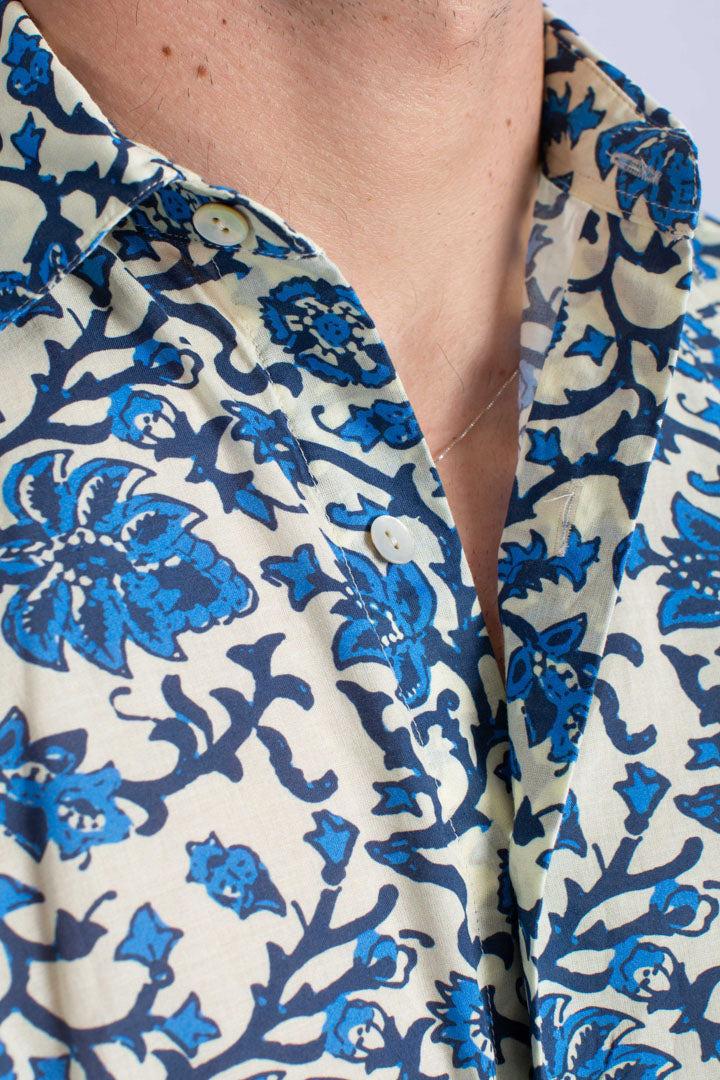 Camicia da uomo Sikelia in mussola di cotone con stampa foglie blu