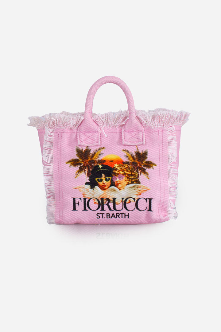 Borsa a mano Vanity mini in tela di cotone rosa con stampa Angeli Fiorucci