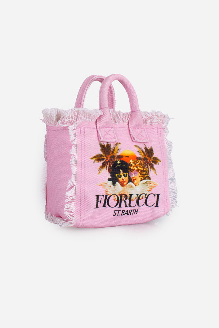 Borsa a mano Vanity mini in tela di cotone rosa con stampa Angeli Fiorucci